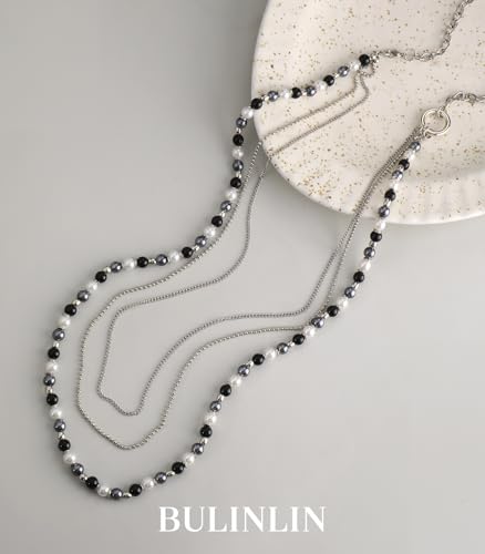 BULINLIN Layered Long Necklaces for Women Long Beaded Chain Necklace CostumeJewelry Mothers Day Gifts for Mom - color: 96-Black Grey