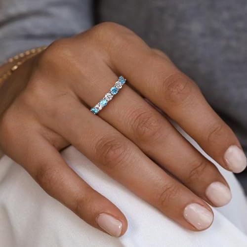 3.5mm Stackable Rings S925 Sterling Silver Created Birthstone & Cubic Zirconia Ring for Women Wedding Bands Anniversary Birthday Jewelry Size 6 to 10(with Box) - color: 12-Created Blue Topaz & CZ-Dec