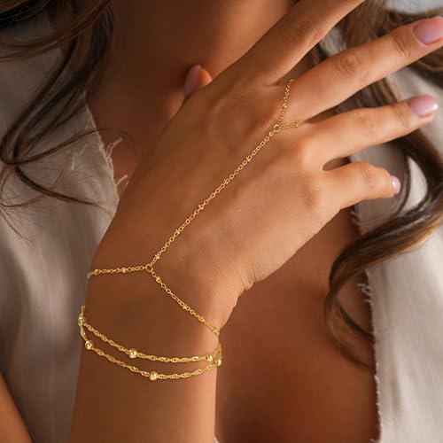 Hand Chain Bracelets for Women - 14K Real Gold Plated Dainty Stackable Paperclip Link Bracelets Hand Chain Bracelet Ring Gold Bracelets for Women Trendy - color: 5 Layered Bead Hand Chain