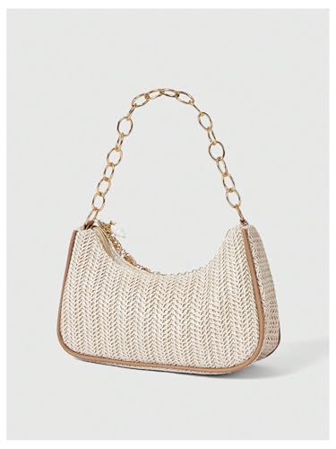 MakeMeChic Women's Straw Beach Purse Seashell Beaded Shoulder Handbags Summer Vacation Bags - color: Multicolor Beige