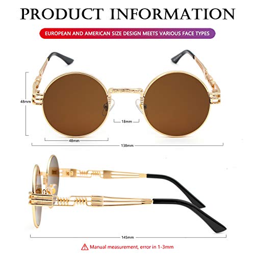AIEYEZO Round Steampunk Sunglasses for Men Women Retro Circle Hippie Glasses Metal Frame 100% UV Blocking Lens - color: Gold/Brown