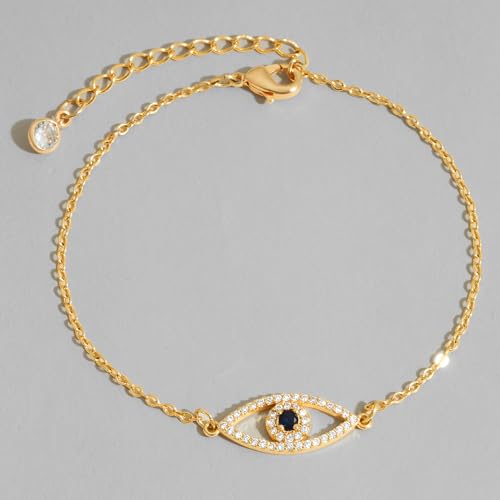Dremmy Studios Gold Bracelet for Women 18K Gold Plated Dainty Paperclip Cubic Zirconia Disc Coin Star Cable Satellite Bead Pearl Simple Boho Minimalist Stacking Layered Link Jewelry Gift - color: Evil Eye A