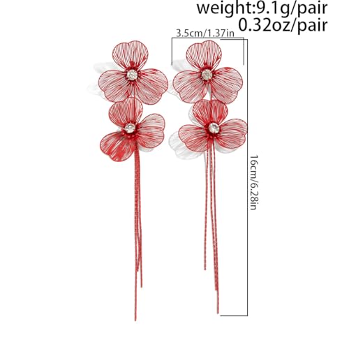 Boho Gold Flower Drop Dangle Earrings for Women Rhinestone Floral Leaf Chandelier Earring Layered Long Tassel Statement Floral Earring Prom Brides Wedding Party Fashion Jewelry Accessary - color: Red