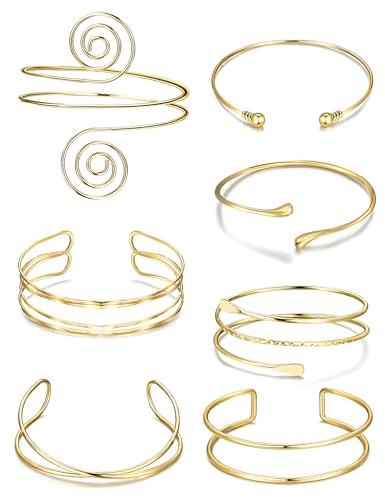 FEYIR 7 Pcs Arm Cuff Jewelry for Women Upper Arm Bracelet Bangle Band Armlet Adjustable Armband Set - color: Gold