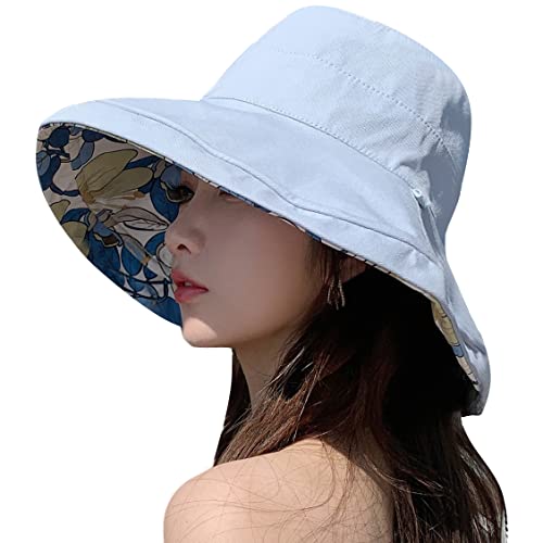 HUAMULAN Women Summer Sun Hat Wide Brim Wired Edge Floral Beach Bucket Hats Reversible Foldable Travel UV Protection Lady Hat - color: M1744-lightblue