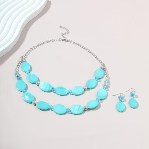 2 Layered Chunky Beaded Shell Necklace for Women Sea Shell blue/yellow/red/green/turquoise/teal/white Statement Necklace and Earring Set Elegant Women Necklace Set Jewelry Sets for Women - color: Aqua blue