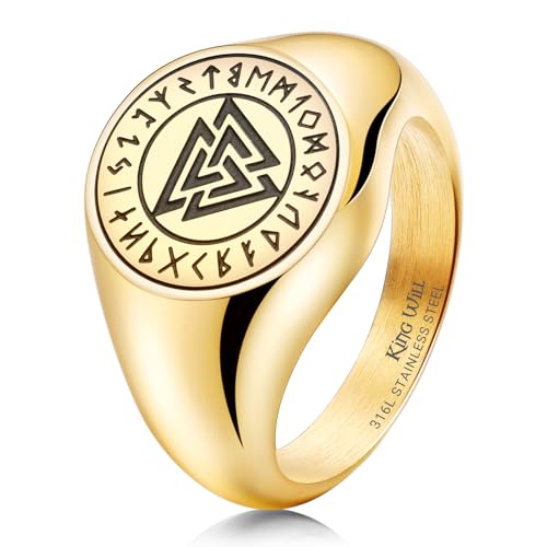 King Will Men's Tungsten Signet Rings Thumb Pinky Biker Band Ring For Men High Polished Plain Wedding Statement Ring Comfort Fit Size 7-12 - color: Runes-Gold