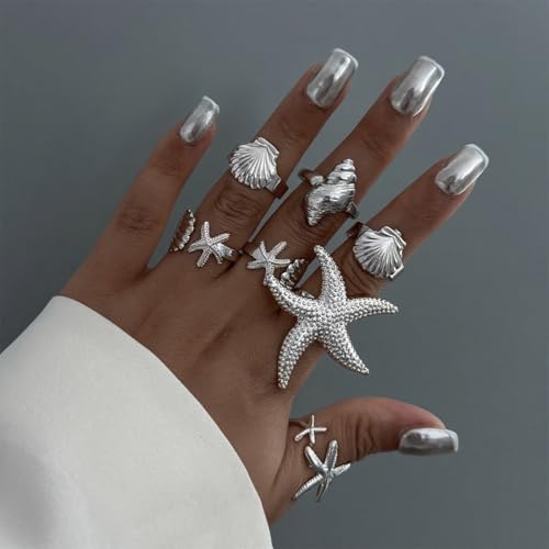 MIFYNN Chunky Gold Starfish Seashel Ring for Women Dainty Conch Pearl Ring Set Boho Ocean Stackable Rings Fashion Adjustable Beach Statement Rings Set Summer Charm Jewelry for Women - color: Silver-7Pcs