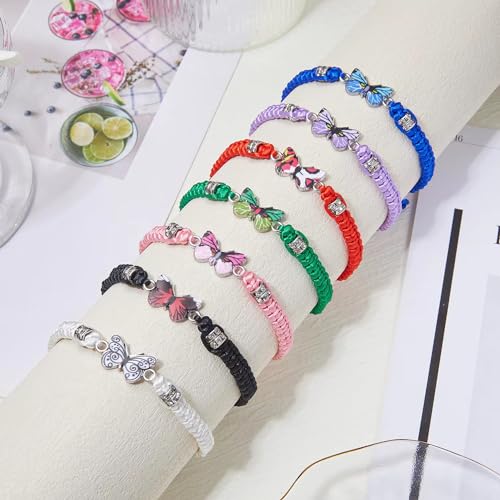 Butterfly Bracelets for Women Colorful Charm Woven Adjustable Strings Butterfly Bracelets Cute Handmade Boho Adjustable Braided Rope for Couple Women Friendship BFF Party Family Jewelry - color: pink