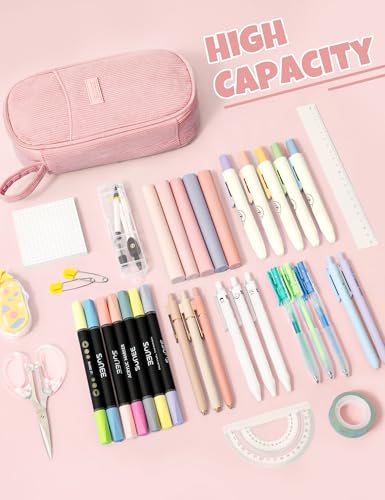 SUNEE Cute Pencil Case, Large Pencil Pouch, Aesthetic Big Pencil Bag with Zipper, Kawaii Stationery Storage and Organizer, Soft Corduroy Bag School Supplies for Teen and Adult, Boys&Girls, Soft Pink - color: Soft Pink