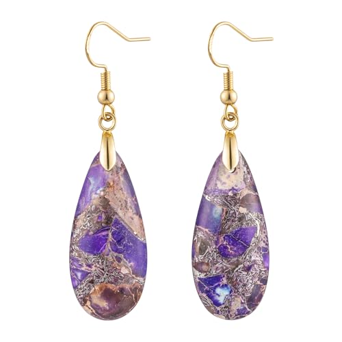 Stone Drop Earrings for Women Earrings Teardrop Jasper Stone Dangle Earrings - color: Brownish Purple-Golden Hook