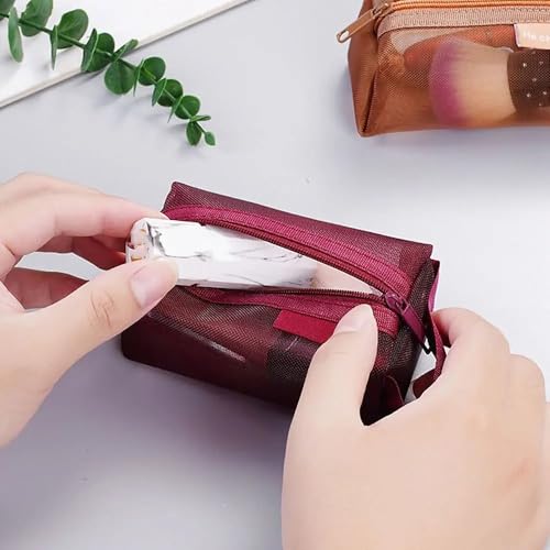 3pcs Portable Square Mesh Storage Bag,Zippered Cosmetic Bag,Small Square Mesh Coin Purse Travel Storage Carry Pouch(Red, Brown, Dark Blue) - color: Red+Brown+Dark Blue