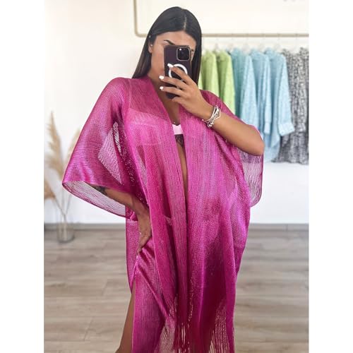Sparkle Metallic Evening Shawls for Women formal Party Dresses Beach Travel Cardigan Shawl Wrap for Swimsuit - color: N-rose Red