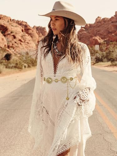 FIORETTO Western Waist Chain Belt Metal Concho Belt for Women Cowgirl Cowboy Boho Country Belt for Dress Jean - color: Gold-25, size: Fit Waist Up to 46"