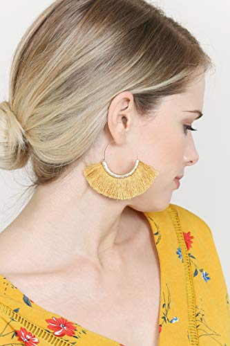 Bohemian Silky Thread Tassel Strand Fringe Statement Hoop Earrings - Lightweight Semi Circle Fan Threader, Mermaid Hoops - color: Halfmoon Tassel Hoops - Mustard