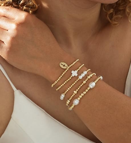 Gold Beaded Bracelets for Women, 14K Real Gold Plated Jewelry for Women Dainty Pearl Bead Bracelets Stack, Non Tarnish Trendy Stackable Ball Cross Stretch Bracelet Set Fashion Accessories Gifts - color: Gold small bead cross