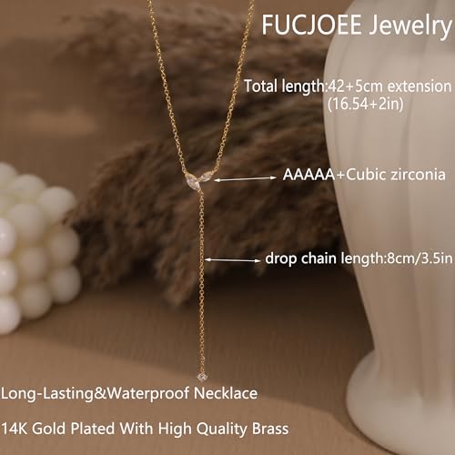 Gold Necklace for Women - Dainty Long Lariat Necklace 14K Gold Plated Clover Star Teardrop CZ Y Shaped Drop Necklaces Cute Long Necklaces for Women Trendy Prom Formal Womens Jewelry - color: Gold-PJ Drop