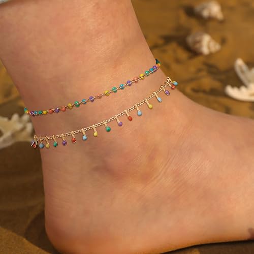 MTMY Gold Anklets for Women 14K Gold Plated Tiny Bead Anklet Colorful Tassel Foot Chain Dainty Adjustable Cute Summer Beach Boho Anklets Jewelry Gift - style: colorful tassel