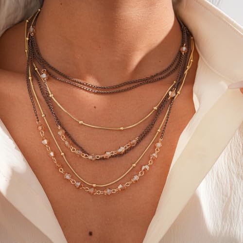 Boho Layered Necklace for Women Stacked Crystal Chain Necklace Beaded Pendant Boho Necklace Trendy Dainty Jewelry - color: Brown