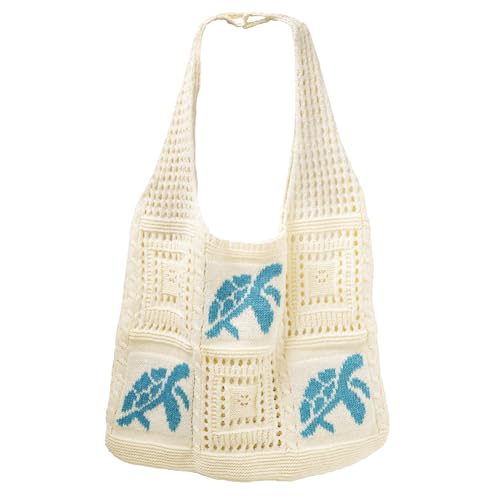 White Crochet Summer Tote Bag – Cute Small Mesh Knitted Beach Handbag, Boho Crochet Travel Shoulder Purse with Turtle, Woven Crossbody Knitting Bag for Women, Beach Essentials