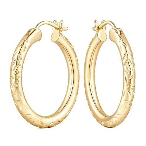 Gold Hoop Earrings for Women 14K Gold Hoop Earrings for Women 14K Gold Earring Hoops Delicate Pattern like Leaf Hoops Earring for Womens 25/30mm - size: 25mm