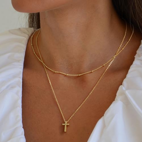 Turandoss Gold Cross Necklace for Women Girls Jewelry Gifts, Dainty 14K Gold Plated Cross Necklace Infinity CZ Holy Mary Medal Necklaces for Women Baptism Religious Faith Jewelry First Communion Gifts - color: layered beaded cross necklace