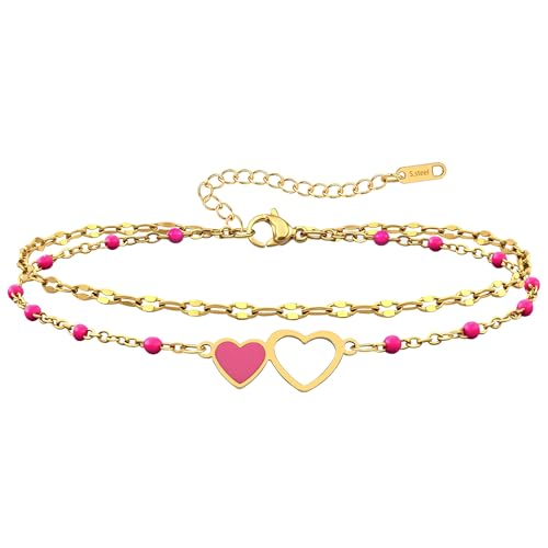 Summer Beach Jewelry Gift-Layered Gold Ankle Bracelets for Women - Waterproof 18k Gold Plated Hot Pink Heart Anklets Non Tarnish Come with Box - color: Double Heart