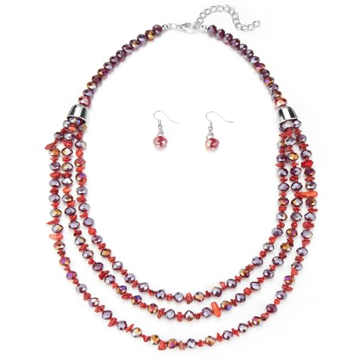 Errally Layered Beaded Statement Necklace Multi Strand Crystal Beads Collar Necklace and Earring Sets for Women Fashion Costume Jewelry Set Gifts for Her - color: 15-Dark Red