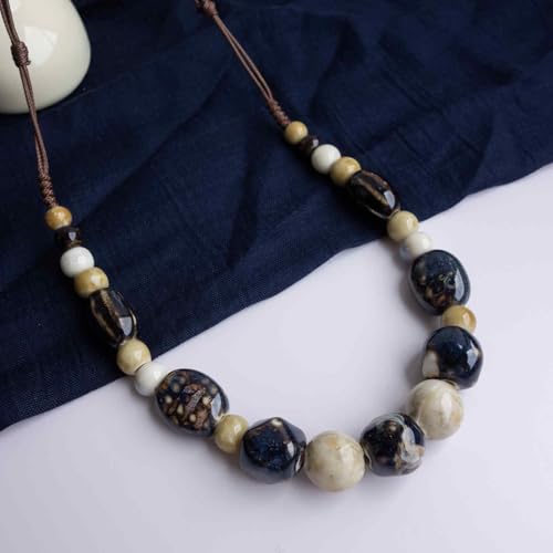 Boho Round Colorful Ceramic Beaded Necklace, Adjustable Hippie Statement Necklace, Handmade Ethnic Jewelry Gift for Women - color: Brown and Beige