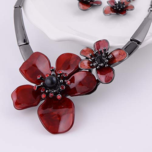 AMYJANE Vintage Statement Jewelry Set - Spring Leaf Flower Floral Plant Necklace Earring Set Crystal Rhinestone Fashion Costume Jewelry for Women Prom Party Unique Gift - style: 2 Flower Jewelry Set Red