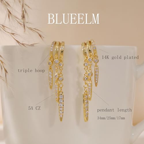 Dangle Earrings For Women, Dainty Gold Drop Statement Earrings 14K Gold Plated Long Huggie Earrings for Women Trendy Hypoallergenic Dangly Earrings Small Triple Hoops Earrings Fashion Jewelry - color: gold-three