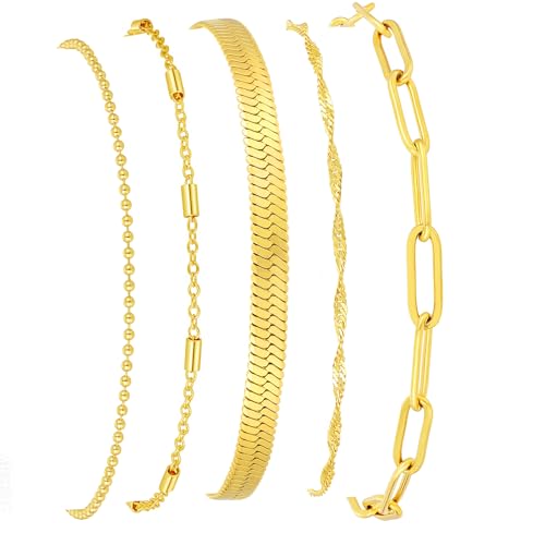 Gold Bracelets for Women, 14K Gold Plated Stackable Bracelet Stack Set Adjustable Charm Paperclip Chain Snake Link Layered Waterproof Jewelry Sets Gifts - style: Bracelets Set /7