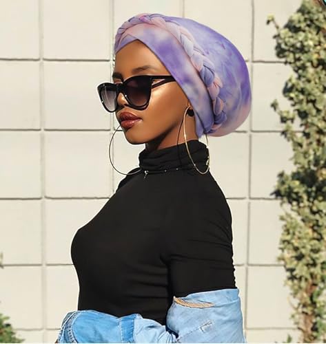 DRESHOW Turban Pre-Tied Twisted Hat Thread African Head Wraps for Black Women Chemo Cancer Cap Braid Hair Cover - color: 1 Pack Tie-dye Gradient: Purple & Pink