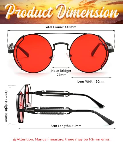 FEISEDY Aviator Sunglasses for Men Women, Retro Steampunk Gothic Round Metal Frame Hippie Glasses B2351 - color: Black Frame With Red Lens and Black Leg