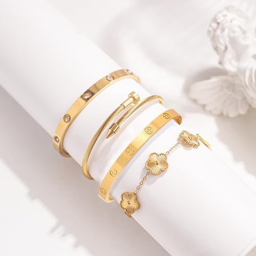 Womens Stackable Floral Gold Bracelets - 4Pcs 18K Gold Plated Bracelet,Stainless Steel Bangle Bracelets Non Tarnish, Gold Bracelet Set Trendy Jewelry,Christmas Valentines Birthday Gifts for Girlfriend - color: Bracelets Stack 4Sets (Floral Gold Bracelets,