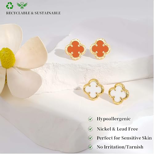 Elegant Black Onyx Clover Stud Earrings, 14K Gold Plated Four Leaf Hypoallergeinc Stud Stainless Steel Flower Earring Lucky Simple Jewelry Gift for Women Shiny Multiple Onyx Colors - color: Orange Clover Stud Earrings
