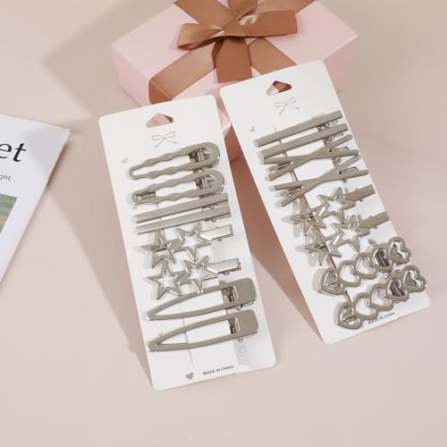 Ymapinc Silver Star Hair Clips, 16pcs Y2K Heart Hair Barrettes, Hair Accessories for Women Girls, 2000s Style Non-Slip Silver Metal Clips