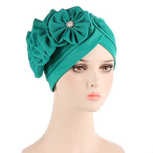 Flower Turban Hats for Women - Ruffle Bead Stretch Solid Caps Chemo Cancer Pre Tied Headscarf Headwear - color: Teal