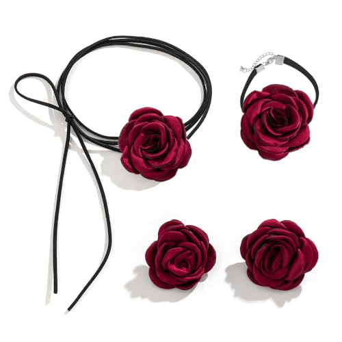 OIDIMS Rose Flower Jewelry Set for Women Classic Velvet Camellia Satin Flowers Choker Necklace Sexy Charms Floral Earring Bracelet for Party Bride Wedding Party Summer Holiday Necklaces - color: Red