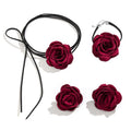 OIDIMS Rose Flower Jewelry Set for Women Classic Velvet Camellia Satin Flowers Choker Necklace Sexy Charms Floral Earring Bracelet for Party Bride Wedding Party Summer Holiday Necklaces - color: Red