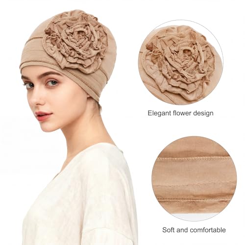 4 Pcs Chemo Turban Headwear for Women Stretchy Turban Head Wraps Cap Chemo Headwrap with Hair Loss - color: Light Gray, Khaki, Pink, Brown