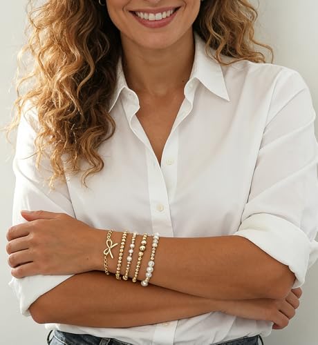 Gold Beaded Bracelets for Women, 14K Real Gold Plated Jewelry for Women Dainty Pearl Bead Bracelets Stack, Non Tarnish Trendy Stackable Ball Cross Stretch Bracelet Set Fashion Accessories Gifts - color: Gold bead & Bow chain