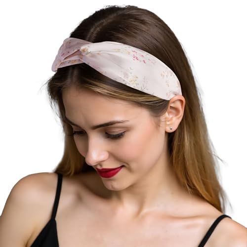 ZLYC Mulberry Silk Headband Elastic Twist Knotted Head Bands for Women's Hair, Floral Light Pink - color: Floral Light Pink