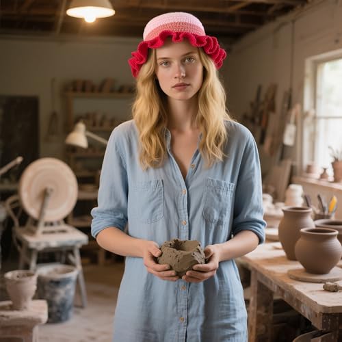 Handmade Crochet Bucket Hat for Women Boho Chic Slouchy Design Colorblock Ruffled Brim Festival&Daily Crochet Hat - color: Fuchsia Pink Contrasting