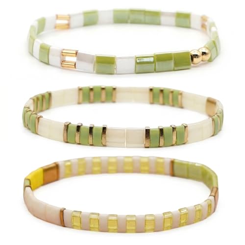 Tila Flat Square Stack Beaded Bracelets Set for Women Men, Boho 3Pcs Romantic Handmade Healing Gold Colorful Stretch Accessories Jewelry, Daily Vacation Party Holiday Friendship Gift - color: Mint Lemon White