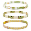 Tila Flat Square Stack Beaded Bracelets Set for Women Men, Boho 3Pcs Romantic Handmade Healing Gold Colorful Stretch Accessories Jewelry, Daily Vacation Party Holiday Friendship Gift - color: Mint Lemon White