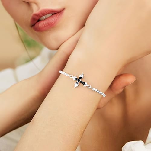 VIBILIA Bracelets for Women, Cross Bracelets for Women Trendy, Dainty Tennis Bracelet, Catholic Gift for Mom Daughter Wife Sister Friend, Communion Gift on Birthday Valentine's Day Easter Mother's Day - color: L. Silver-Black
