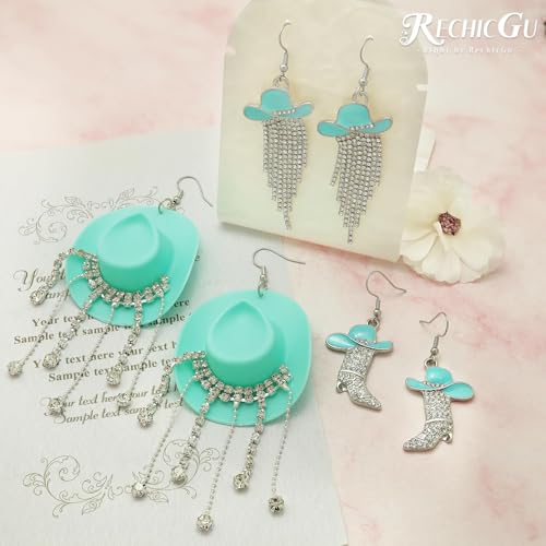 RechicGu 3 Pairs Western Cowgirl Cowboy Hat Earrings Set Silver Symmetric Boots Sparkly Rhinestone Tassels Drop Dangle Rural Culture Earrings Set For Women - color: Silver Boots,Mint Green Hat
