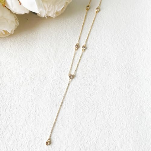 LULII Gold Necklace for Women Trendy Lariat Y Necklace Dainty 14k Gold Plated/Silver Long Necklaces for Women Layered Beaded Drop Necklaces Simple Y-Shaped Chain Jewelry Gifts - color: Y 6CZ Necklace-Gold