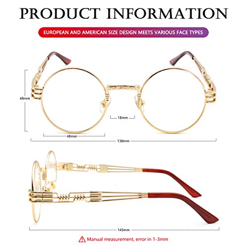 AIEYEZO Round Steampunk Sunglasses for Men Women Retro Circle Hippie Glasses Metal Frame 100% UV Blocking Lens - color: A1 Gold/Transparent
